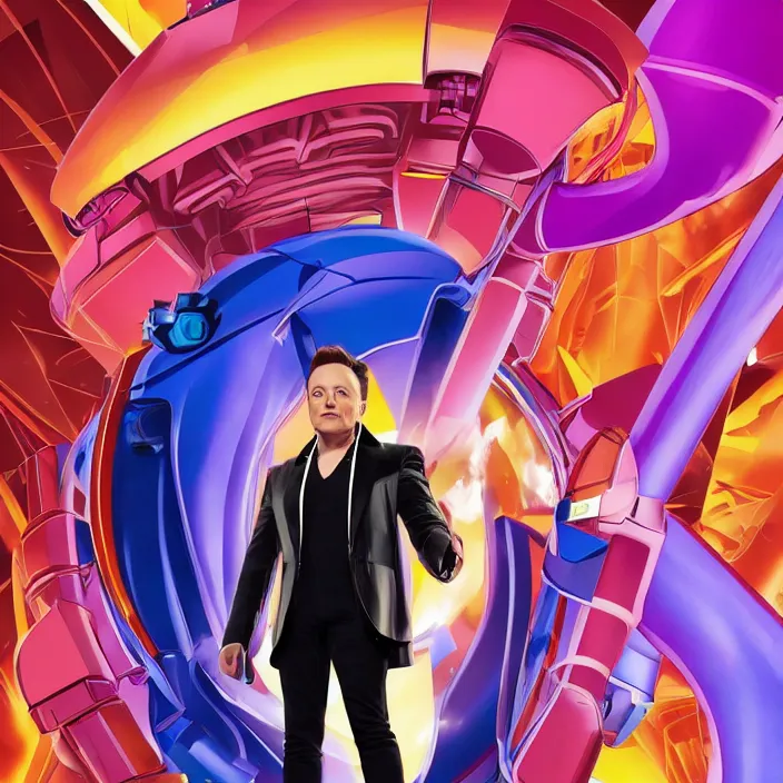 Image similar to elon musk as an evil character in totally spies, in front of a complex machine, scheming and plotting his revenge. bright, rich, colorful. full body shot, well lit