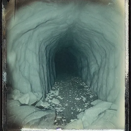 Image similar to a dark and narrow glacier cave, deep, dark, creepy, eerie, unsettling, terrifying, old polaroid, expired film, deep,