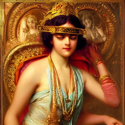 Image similar to detailed figure of hindu traditional girl blindfolded high - tech vr headset in baroque style, girl graceful,, painting by gaston bussiere, craig mullins, j. c. leyendecker, lights, art by ernst haeckel, john william godward, hammershøi,,