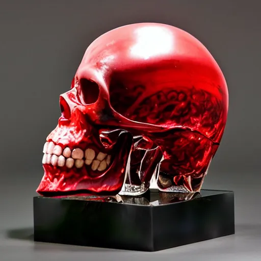 Prompt: turbulent red liquid inside in a transparent skull by akira toriyama