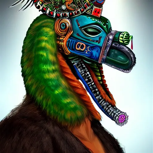 Image similar to a expressive portrait of masked diesel punk quetzalcoatl on the art of mayan ancient culture artstation award - winning realistic sci - f