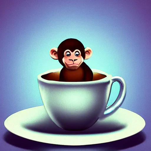 Prompt: “tiny monkey living in a coffee cup, studio lighting, award winning, digital art, artstation”
