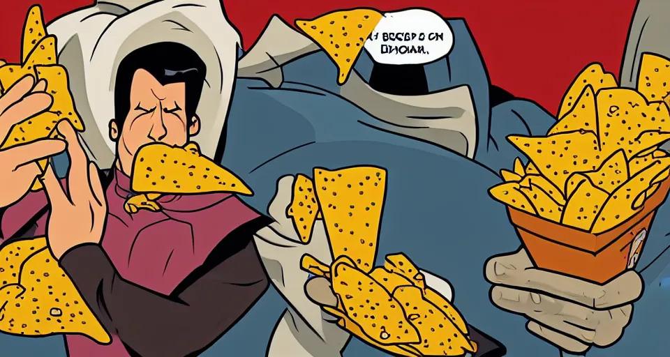 Prompt: a comic book illustration of a priest eating nachos by Bruce Timm