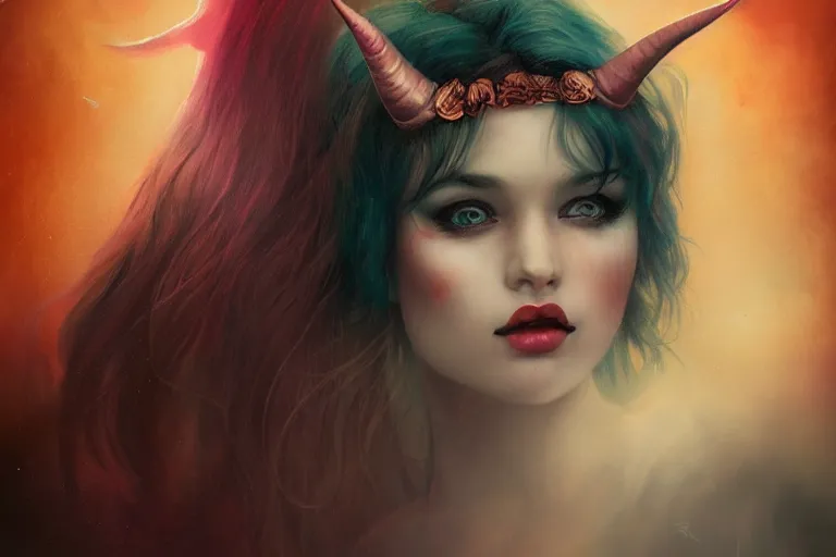 Image similar to pretty demon girl with horns photograph in the style of tom bagshaw, colorful, realistic, 8 k