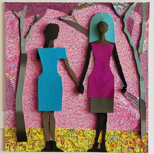 Image similar to paper collage art made of cut up magazines depicting two women holding hands in a trippy forest