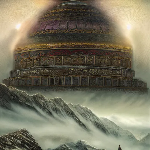 Image similar to omar shanti himalaya tibet, by giger, acrilic paint, digital, artstation, detailed intricate ink illustration, heavenly atmosphere, digital art, overdetailed art, concept art, complementing colors, trending on artstation, cgstudio, the most beautiful image ever created, dramatic, subtle, details, award winning artwork, beautiful scenery