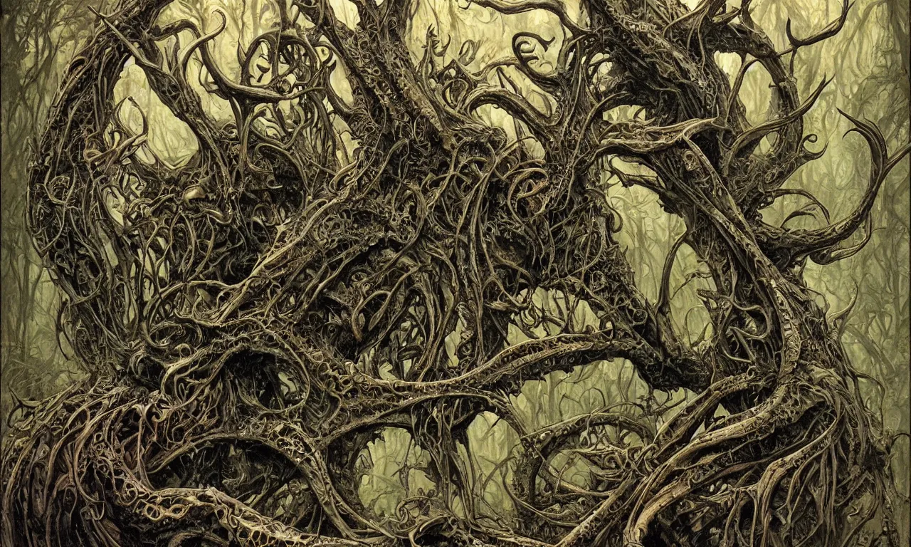 Image similar to hyperdetailed art nouveau portrait of treebeard as a cthulhu eyeball skull dragon monster, by micheal whelan, simon bisley and bill sienkiewicz, grim yet sparkling atmosphere, photorealism, claws, skeleton, antlers, fangs, forest, wild, crazy, horror, lynn varley, lovern kindzierski, steve oliff