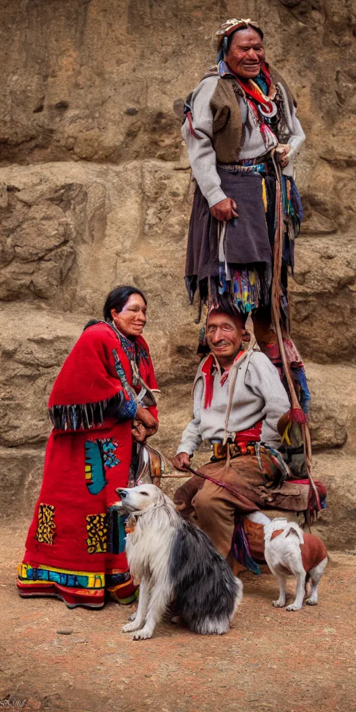 Prompt: indigenous Cuzco Couple with Dog, Peru in 1950, andean clothing, unreal 5, hyper realistic, realistic, photo realistic, dynamic lighting, highly detailed, cinematic landscape, studio landscape, studio lighting