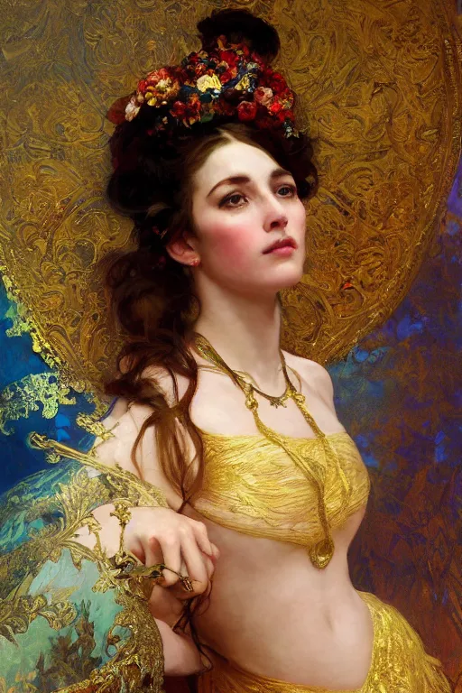 Image similar to an intricate artistic pose painting of a beautiful young victorian lady with an artistic pose, hyper detailed, ornamental gold headpiece, octane render, vivid colors, artstation, by jeremy mann, by alphonse mucha, by boris vallejo