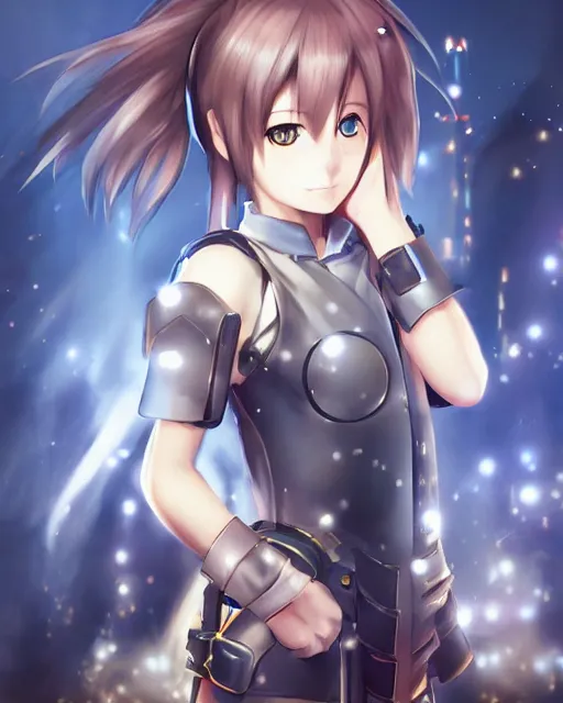 Image similar to full body portrait of anime girl in mechanic armor in night tokyo by makoto sinkai, perfect face, fine details