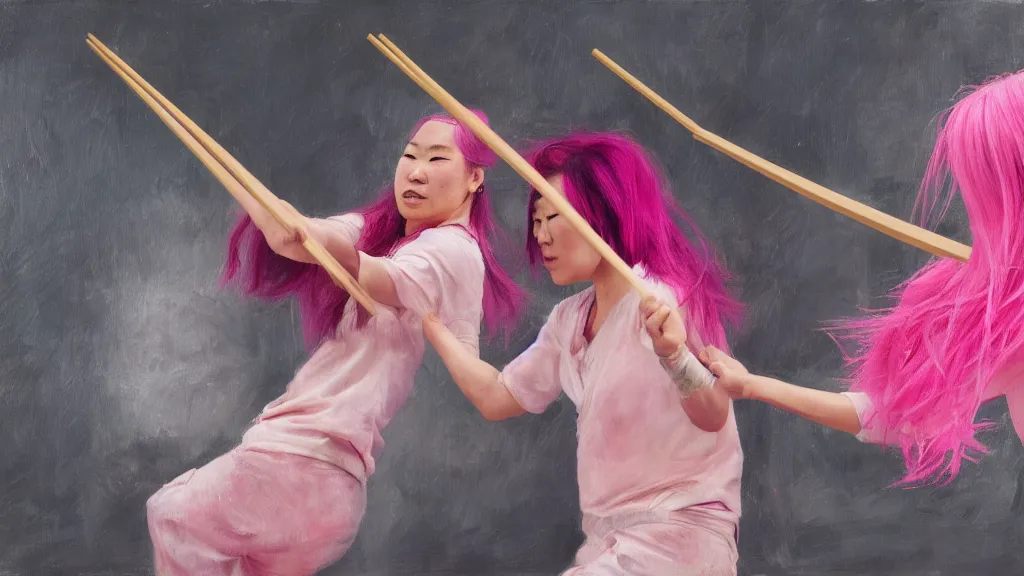 Image similar to asian person with chopsticks fighting a person with pink hair, cinematic, 4 k, oil painting