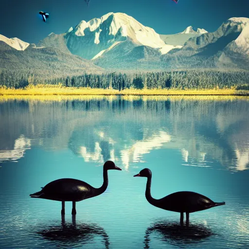 Image similar to photo of two black swans swimming in a beautiful reflective mountain lake, touching heads, forming a heart with their necks, a colorful hot air balloon is flying above the swans, hot air balloon, intricate, portrait, 8k highly professionally detailed, HDR, CGsociety, octane render, 4k