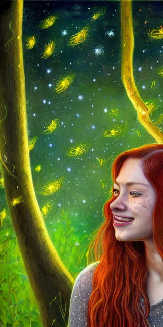 Image similar to infp young woman, smiling amazed, golden fireflies lights, sitting in the midst of nature fully covered, long loose red hair, intricate linework, bright accurate green eyes, small nose with freckles, oval shape face, realistic, expressive emotions, dramatic lights spiritual scene, hyper realistic ultrafine art by michael cheval, jessica rossier, boris vallejo