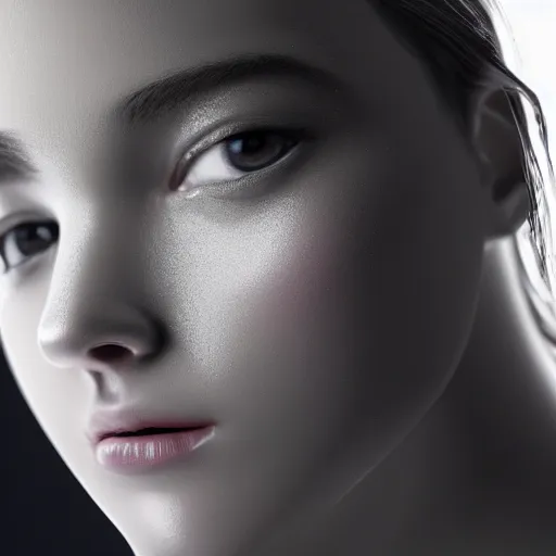 Image similar to a close up of a woman in white, dslr, 8 k, octane beautifully detailed render, cold lighting, cinematic lighting, white background, detailed photo, masterpiece, volumetric lighting, ultra realistic, highly detailed, high quality, lossless, photorealistic, grayscale