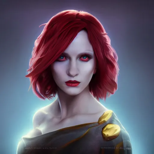 Image similar to redhead vampire sorceress, perfect face viewed in profile, bright glowing purple and red eyes, gold shirt, cinematic, floating ash, stunning, highly detailed, artstation, smooth, hard focus, concept art, art by artgerm and greg rutkowski and alphonse mucha, volumetric lighting, octane render, 4 k resolution, trending on artstation, masterpiece