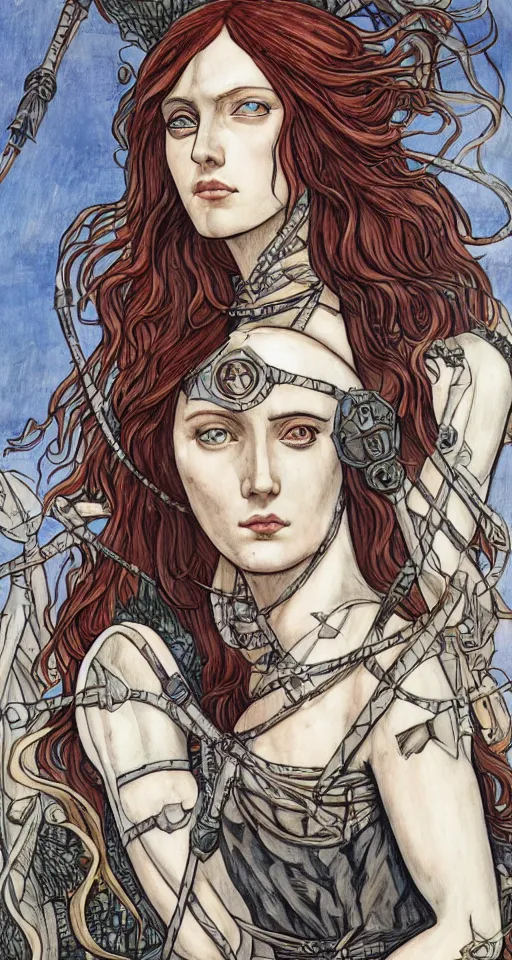 Image similar to boudica the barbarian queen, in a mixed style of Botticelli and Æon Flux, inspired by pre-raphaelite paintings and shoujo manga, a misty moor landscape in the background, hyper detailed, stunning inking lines, flat colors, 4K photorealistic