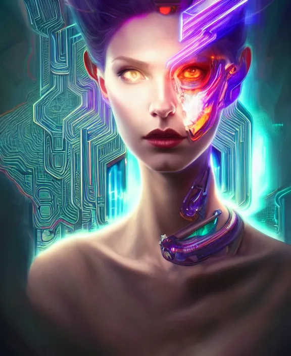 Image similar to a whirlwind of souls rushing inside the metaverse, hologram, half body, neurochip, shaved temple, piercing, jewelry, android, cyborg, cyberpunk face, by loish, d & d, fantasy, intricate, elegant, highly detailed, colorful, digital painting, artstation, concept art, art by artgerm and greg rutkowski and alphonse mucha