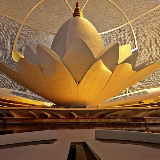 Image similar to futuristic gold and white marble lotus temple, by buckminster fuller and syd mead, intricate contemporary architecture, photo journalism, photography, cinematic, national geographic photoshoot