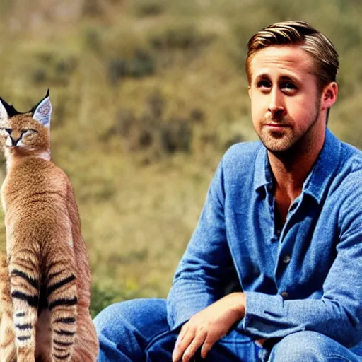 Image similar to Ryan Gosling and the cat Caracal