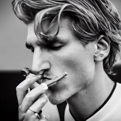 Image similar to a closeup photo of handsome gigachad xqc smoking a cigar