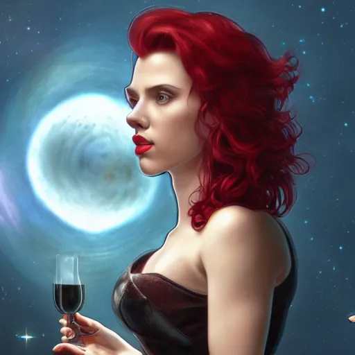Prompt: a highly detailed matte portrait of scarlett johansson as a red haired vampire sorceress, drinking wine, standing in a space station and looking at jupiter, viewed in profile from far away, crackling green lightning, ultrawide lens, art by artgerm and greg rutkowski and alphonse mucha, volumetric lighting, octane render, 4 k resolution, trending on artstation, masterpiece