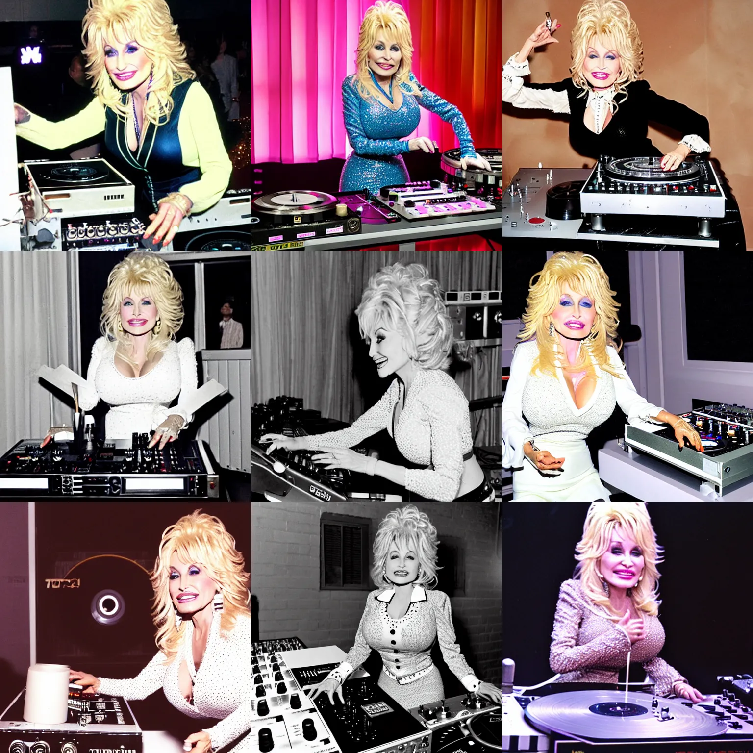 Prompt: dolly parton DJing with DJ turntables, photoreal