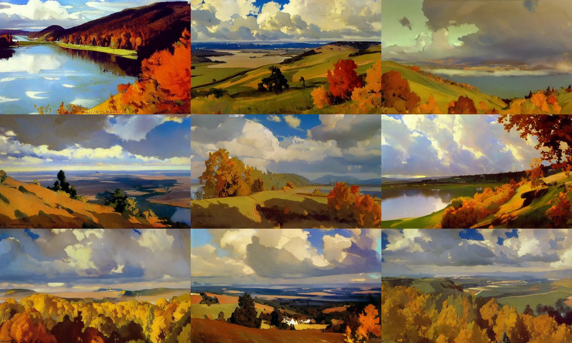 Prompt: painting by sargent and leyendecker and greg hildebrandt savrasov levitan autumn epic sky overcast, low thunder clouds foothpath at indian summer, wide river and lake, horizon tiny old house on top of hill view from above