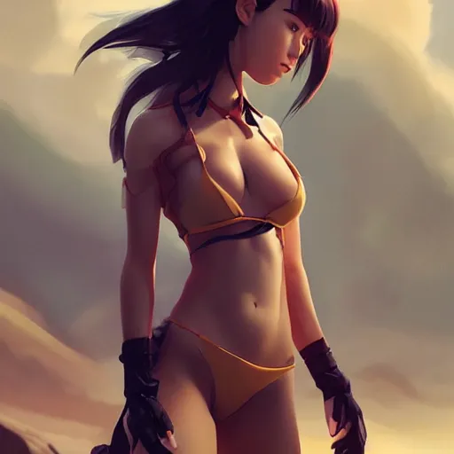 Image similar to kodak portra. by wlop, ilya kuvshinov, krenz cushart, greg rutkowski, trending on pixiv. zbrush sculpt, octane, maya, houdini, vfx. cute amazon woman wearing bikini armor. digital painting. cinematic dramatic atmosphere, sharp focus, volumetric lighting.