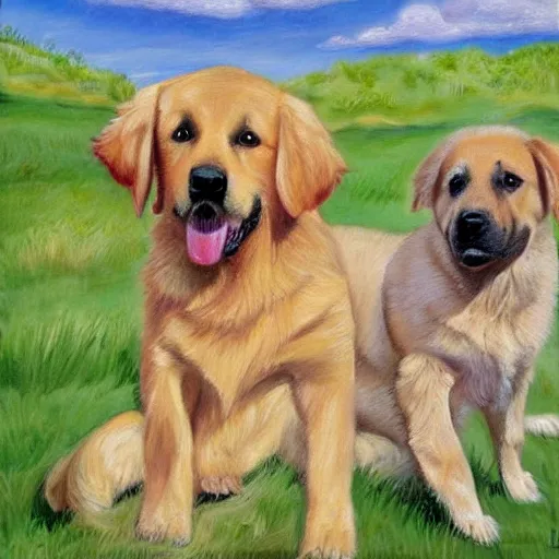 Image similar to a painting of a cute golden retriever with a german shepherd