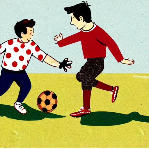 Image similar to illustration of french boy in paris playing football against a corgi, the corgi is wearing a polka dot scarf