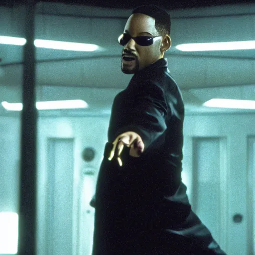 Image similar to movie still of will smith as neo in the matrix