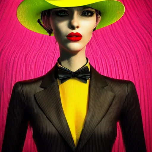 Image similar to stylish woman cartoon portrait made out of rain, pinstripe suit, top hat, cyberpunk background, rendered in octane, unreal engine, highly detailed, trending on artstation, realistic, neon, beautiful