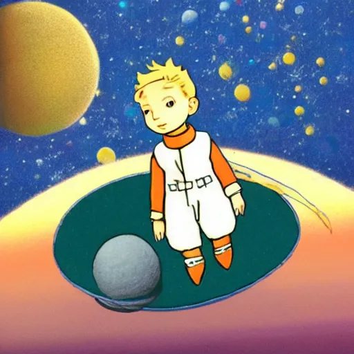 Image similar to the little prince on a little round planet floating in space
