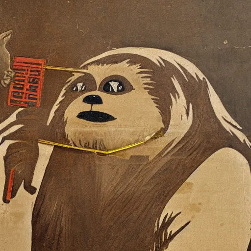 Prompt: An ewok eating a lollipop, Ancient Egyptian mural