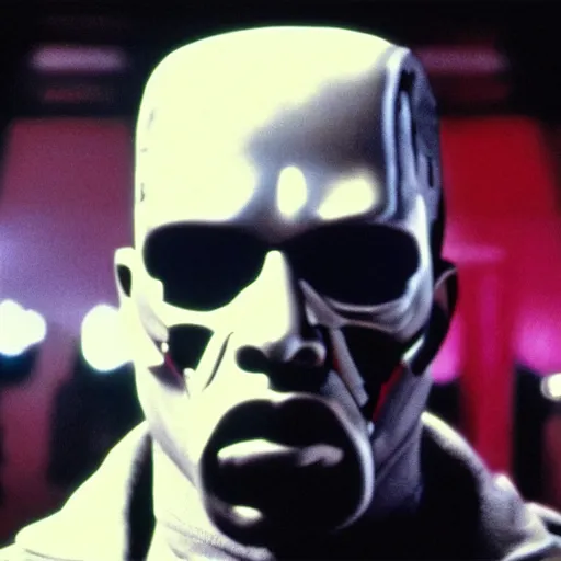 Prompt: Film still of kanye west as the terminator, red eyes, face exoskeleton