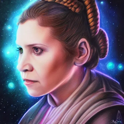 Image similar to hyper realistic drawing of Leia Skywalker, intricate detail, portrait, star wars, the force, space, princess by anna dittmann