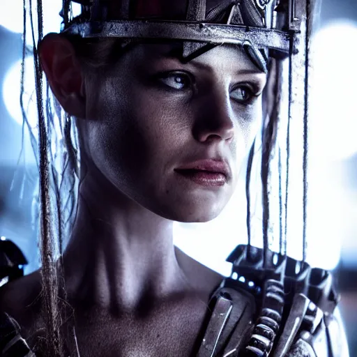 Image similar to very pretty borg queen, moody lighting, shallow depth of field,