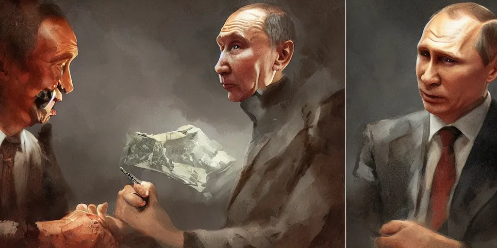 Prompt: picture vladimir putin play with serghei lavrov as a puppet marionete, painting by greg rutkowski