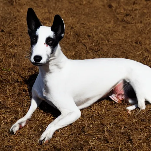 Image similar to old smooth fox terrier with a white and black coat, red collar, white tail, lying in the sun