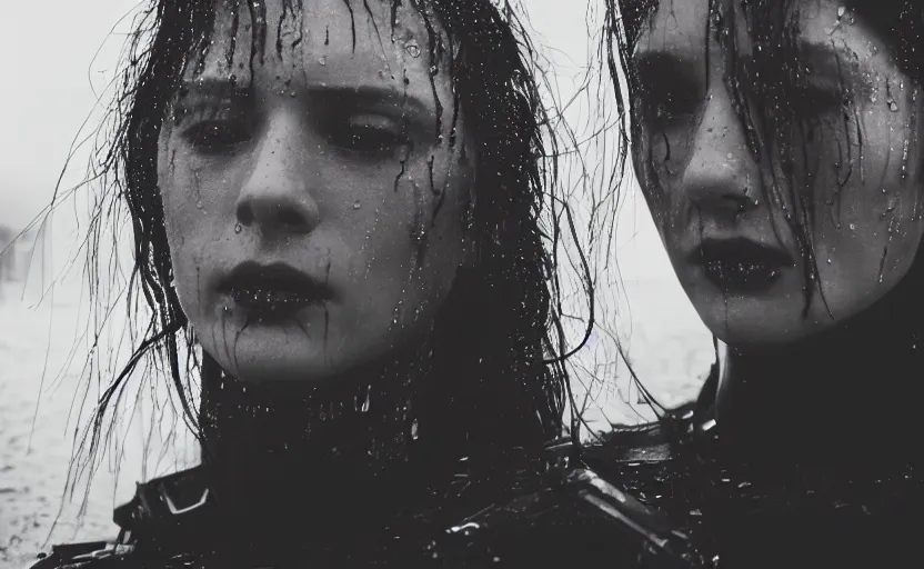 Image similar to cinestill 5 0 d candid photographic portrait by christopher nolan of two loving female androids wearing rugged black mesh techwear in treacherous waters, extreme closeup, modern cyberpunk moody emotional cinematic, pouring rain, 8 k, hd, high resolution, 3 5 mm, f / 3 2, ultra realistic faces, ex machina