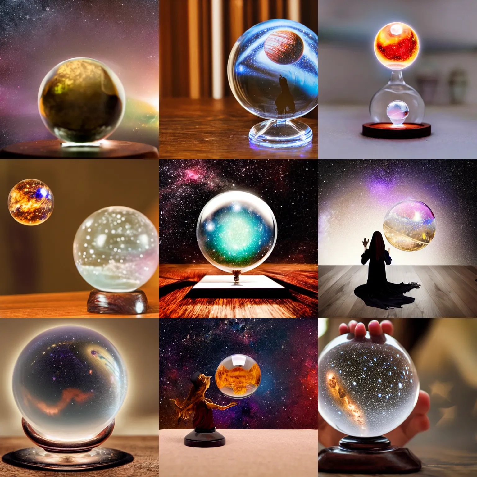 Prompt: a witch gazing into crystal ball which stands on a mahogany table and contains the milky way galaxy