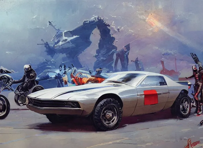 Prompt: ( ( ( ( ( classic vintage motorcycle, motorcycle concept art, sci - fi illustration, painting ) ) ) ) ) by vincent di fate and john berkey and speed racer and knight rider kitt!!!!!!!