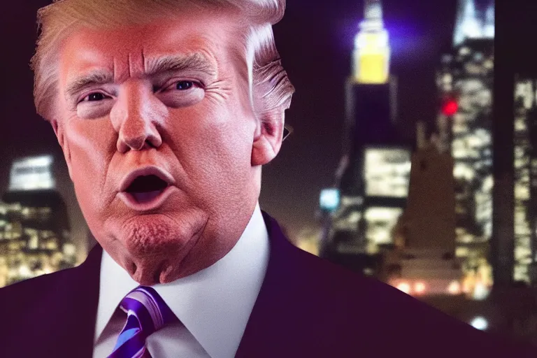 Image similar to amazing cinematic movie still of donald trump's face in manhattan at night, volumetric lighting, award - winning, perfection, ambitious, ambient occlusion, hyper - realism, 4 k hd, 8 5 mm, bokeh, close - up, grainy, atmospheric