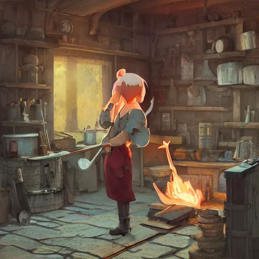 Image similar to a full body portrait of the short and fiery blacksmith Guinea pig with a beard at her forge, blacksmith's outfit, inside building, makoto shinkai, james gilleard, very detailed, matte, gaussian blur, tone mapped, Akihiko Yoshida.