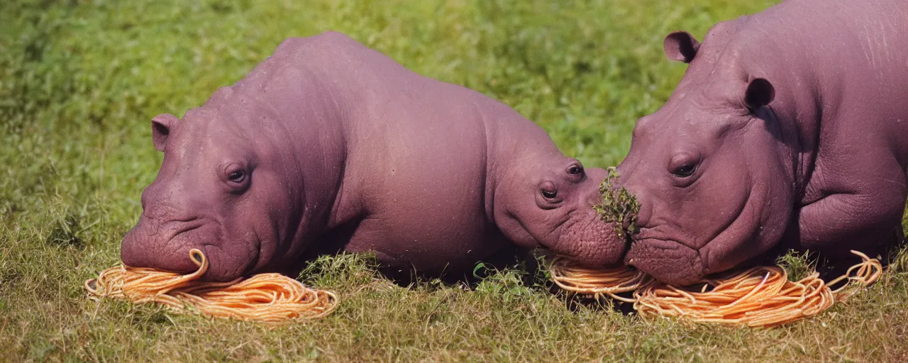 Image similar to a single hippo eating spaghetti off a bush, in the style of national geographic, canon 5 0 mm, film, kodachrome, retro, muted