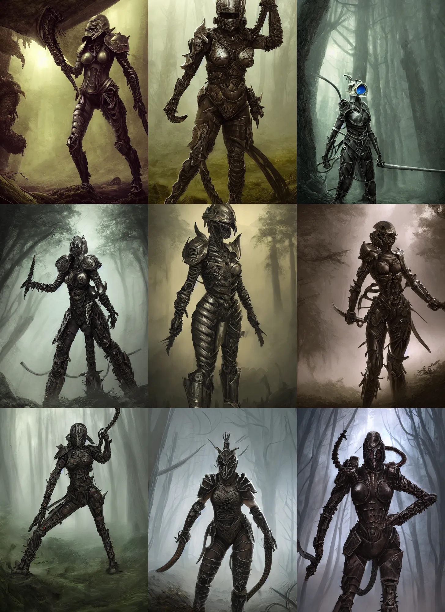 Prompt: a matte painting, a helmeted female warrior, wearing battle worn biomechanical armor, wielding twin swords, a large snake monster in the mist, the forest plains of north yorkshire, good value control, concept art, digital painting, sharp focus, (((knight))), symmetrical, single character full body, 4k, illustration, glowing eyes, rule of thirds, centered, moody colors, moody lighting,
