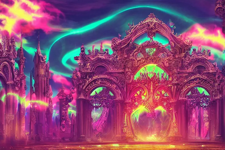 Prompt: [ palate ] [ nebulous energy ] [ muted neon colors ] benevolent soul spirits congregating in front of an intricate giant gothic gateway, deity spirit at the gate, vibrant neon nebulous clouds, paisley pattern synapse clouds, symmetrical details, hyper realistic illustration, radiant light rays, photorealistic illustration, intricate and fine details, volumetric lighting, artstation