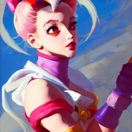 Image similar to greg manchess portrait painting of sailor moon as overwatch character, medium shot, asymmetrical, profile picture, organic painting, sunny day, matte painting, bold shapes, hard edges, street art, trending on artstation, by huang guangjian and gil elvgren and sachin teng