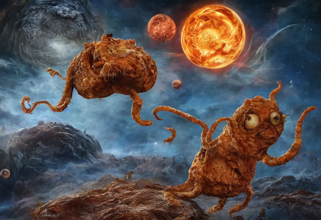 Image similar to eldritch horror bloody garfield in space, hd, 8 k, giant, epic, realistic photo, unreal engine, stars, prophecy, powerful, cinematic lighting, destroyed planet, debris, violent, sinister, ray tracing, dynamic, epic composition, dark, horrific, teeth, grotesque, monochrome drawing, hellscape, death, corpses, foreboding