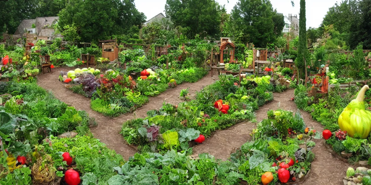 Image similar to storybook scene garden with comically large vegetables